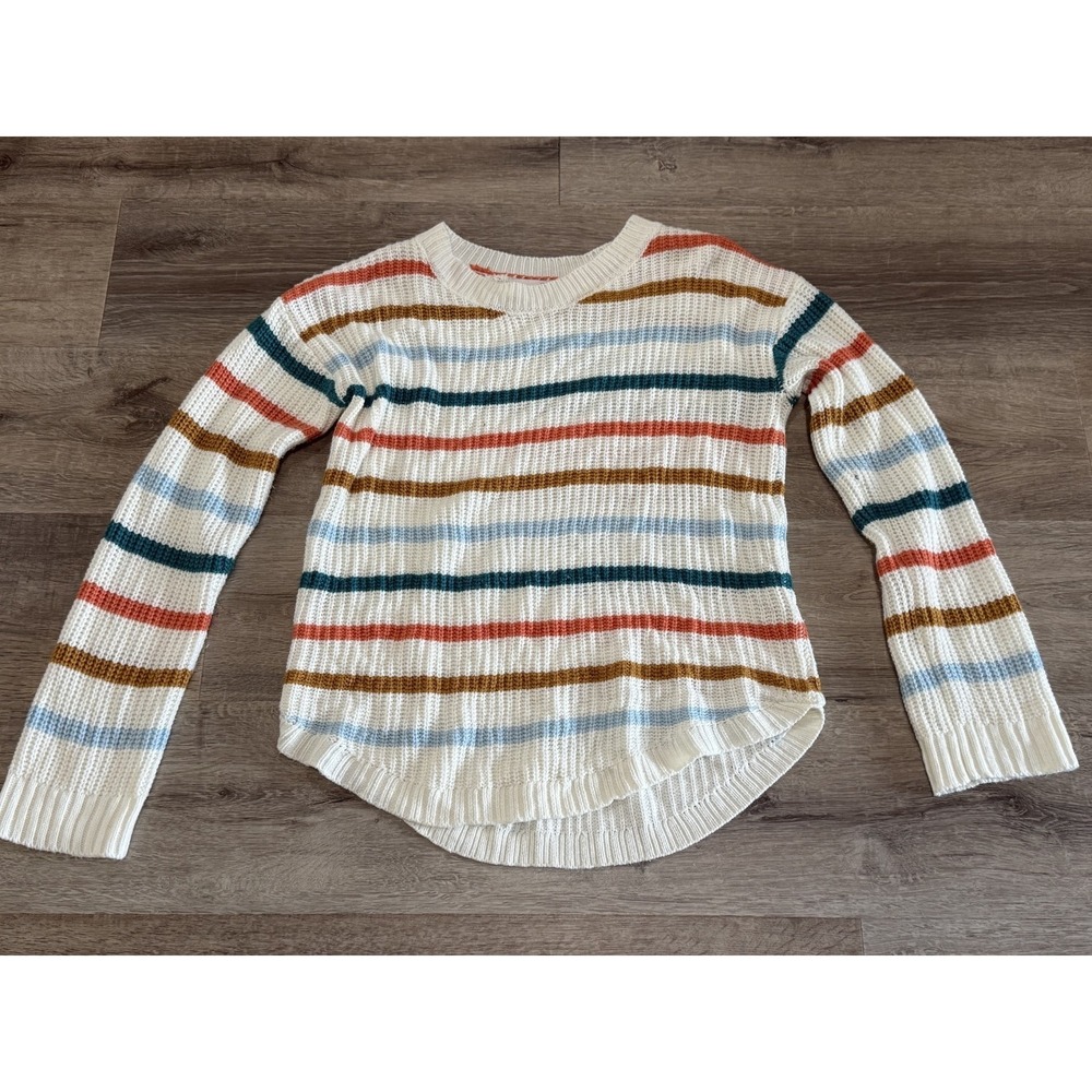 SO Womens Medium Striped Knit Sweater Crew Neck Curved Hem Multi Color Ribbed